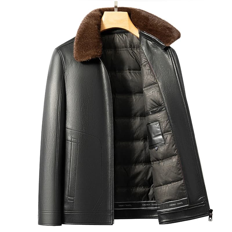 YN-2588 Men's Genuine Leather Down Jacket, Mink Fur Collar, Thick White Duck Down Jacket, Winter Super Thick Warm And Casual