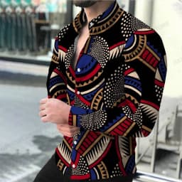 Geometric Theme ShirtsMen's Fashion, Casual Comfortable, Long Sleeve Shirts, Hawaiian Casual Beach Streetwear, Colorful Clothing