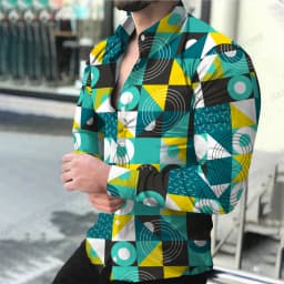 Geometric Theme ShirtsMen's Fashion, Casual Comfortable, Long Sleeve Shirts, Hawaiian Casual Beach Streetwear, Colorful Clothing