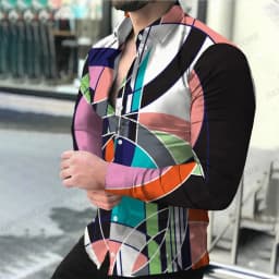 Geometric Theme ShirtsMen's Fashion, Casual Comfortable, Long Sleeve Shirts, Hawaiian Casual Beach Streetwear, Colorful Clothing