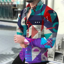 Geometric Theme ShirtsMen's Fashion, Casual Comfortable, Long Sleeve Shirts, Hawaiian Casual Beach Streetwear, Colorful Clothing