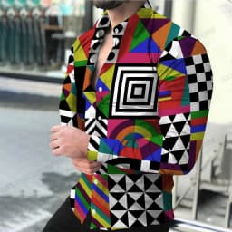 Geometric Theme ShirtsMen's Fashion, Casual Comfortable, Long Sleeve Shirts, Hawaiian Casual Beach Streetwear, Colorful Clothing