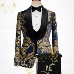 Navy Blue Plaid Luxuly Men Suits Slim Fit Notched Lapel Groom Formal Tuxedos Prom 3 Pcs Sets Business Male Blazer Costume Homme
