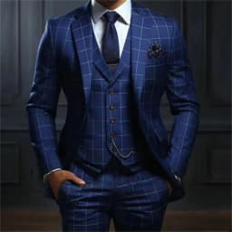 Navy Blue Plaid Luxuly Men Suits Slim Fit Notched Lapel Groom Formal Tuxedos Prom 3 Pcs Sets Business Male Blazer Costume Homme