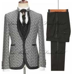 Navy Blue Plaid Luxuly Men Suits Slim Fit Notched Lapel Groom Formal Tuxedos Prom 3 Pcs Sets Business Male Blazer Costume Homme