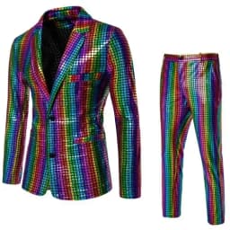 Rainbow striped men's two-piece suitwith a unique and eye-catching style,perfect for fashion shows anda must-have for trendy men