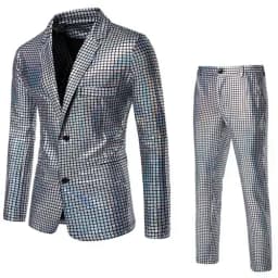 Rainbow striped men's two-piece suitwith a unique and eye-catching style,perfect for fashion shows anda must-have for trendy men