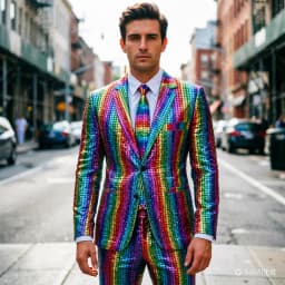 Rainbow striped men's two-piece suitwith a unique and eye-catching style,perfect for fashion shows anda must-have for trendy men