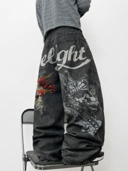 American Retro Skull Print Design Men's Loose Denim Jeans Y2K Street Hip-Hop Fashion Versatile Wide-Leg Pants Halloween Vibe