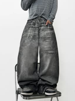 American Retro Skull Print Design Men's Loose Denim Jeans Y2K Street Hip-Hop Fashion Versatile Wide-Leg Pants Halloween Vibe