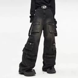 Autumn Y2K High Street Jeans Mens Multi-Pocket Hiphop Cargo Pants Vintage Straight Wide-Leg Denim Trousers Fashion Streetwear