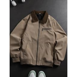 UETEEY Autumn Men Retro Canvas Detroit Jacket Corduroy Collar Heavyweight Short Zip Jacket With Pockets Casual Street Outerwear