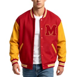 Mens M Letter Varsity Jacket Vintage Faux Leather Sleeve Baseball Letterman Coat Red & Yellow Streetwear for Casual Wear