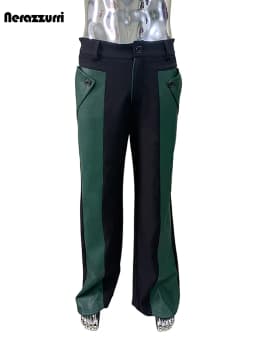 Nerazzurri Autumn Spring Autumn Long Color Block Patchwork Pu Leather Wide Leg Pants Men Alternative Streetwear Clothes Trouser
