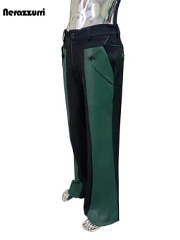 Nerazzurri Autumn Spring Autumn Long Color Block Patchwork Pu Leather Wide Leg Pants Men Alternative Streetwear Clothes Trouser