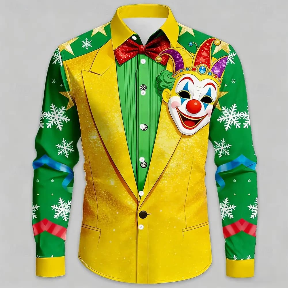 Mardi Gras Men's Carnival Faux Collar and Suit Design Mask with Feathers Shirt Button Up Shirt Long Sleeve Fashion Spring Fall