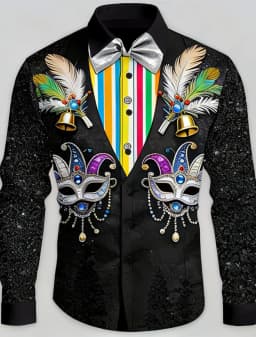 Mardi Gras Men's Carnival Faux Collar and Suit Design Mask with Feathers Shirt Button Up Shirt Long Sleeve Fashion Spring Fall