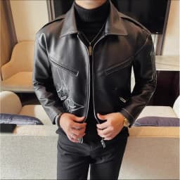 High Quality Fashion Men's Leather Jacket Coat New High-end Lapel Slim Fit Casual Embroidered Thick Jacket Top Men Clothing
