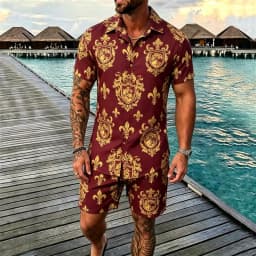 2026 Luxury Baroque Printed Short Sleeve Shirt and Shorts Set, Suitable for Beach Vacation and Luxury Tropical Dressing
