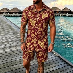 2026 Luxury Baroque Printed Short Sleeve Shirt and Shorts Set, Suitable for Beach Vacation and Luxury Tropical Dressing
