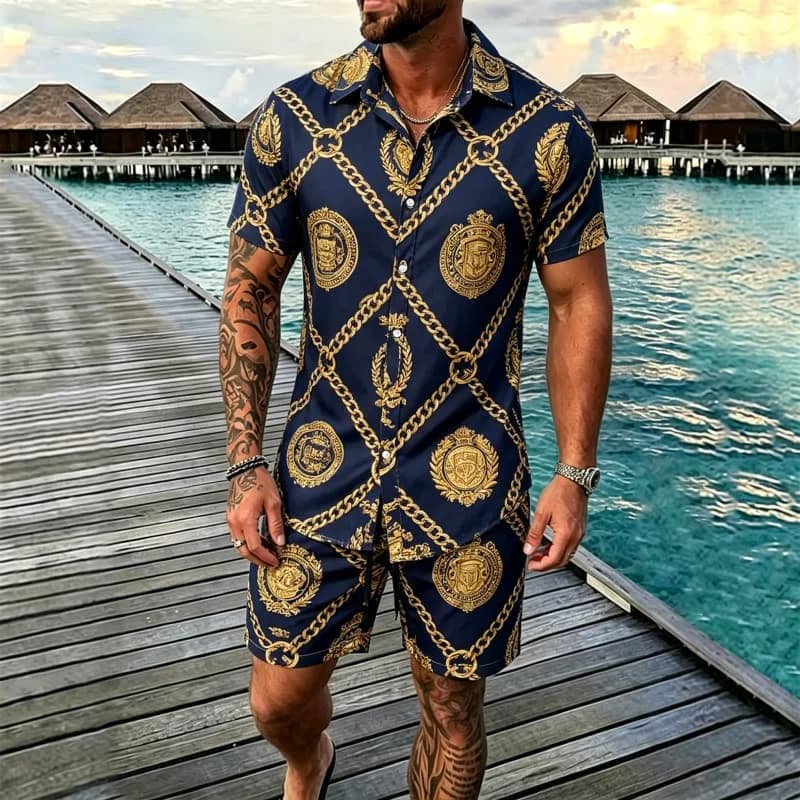 2026 Luxury Baroque Printed Short Sleeve Shirt and Shorts Set, Suitable for Beach Vacation and Luxury Tropical Dressing