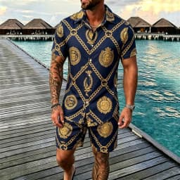 2026 Luxury Baroque Printed Short Sleeve Shirt and Shorts Set, Suitable for Beach Vacation and Luxury Tropical Dressing