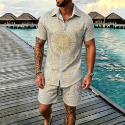 2026 Luxury Baroque Printed Short Sleeve Shirt and Shorts Set, Suitable for Beach Vacation and Luxury Tropical Dressing
