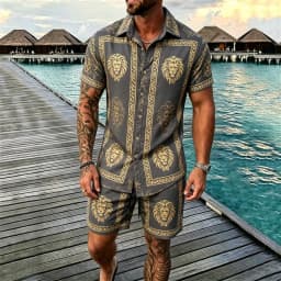 2026 Luxury Baroque Printed Short Sleeve Shirt and Shorts Set, Suitable for Beach Vacation and Luxury Tropical Dressing