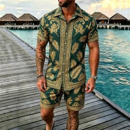 2026 Luxury Baroque Printed Short Sleeve Shirt and Shorts Set, Suitable for Beach Vacation and Luxury Tropical Dressing