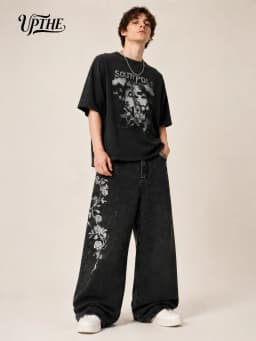 UP.THE Men Vintage Washed Black Baggy Wide Leg Jeans, Y2K Oversized Loose White Rose Vine Embroidery Denim Pants, Gothic Grunge Streetwear Trousers for Daily Outfits