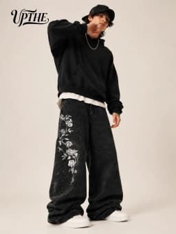 UP.THE Men Vintage Washed Black Baggy Wide Leg Jeans, Y2K Oversized Loose White Rose Vine Embroidery Denim Pants, Gothic Grunge Streetwear Trousers for Daily Outfits