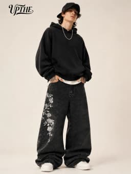 UP.THE Men Vintage Washed Black Baggy Wide Leg Jeans, Y2K Oversized Loose White Rose Vine Embroidery Denim Pants, Gothic Grunge Streetwear Trousers for Daily Outfits