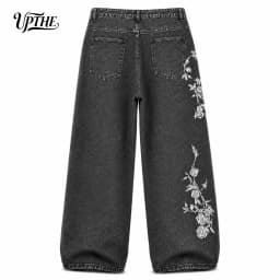 UP.THE Men Vintage Washed Black Baggy Wide Leg Jeans, Y2K Oversized Loose White Rose Vine Embroidery Denim Pants, Gothic Grunge Streetwear Trousers for Daily Outfits