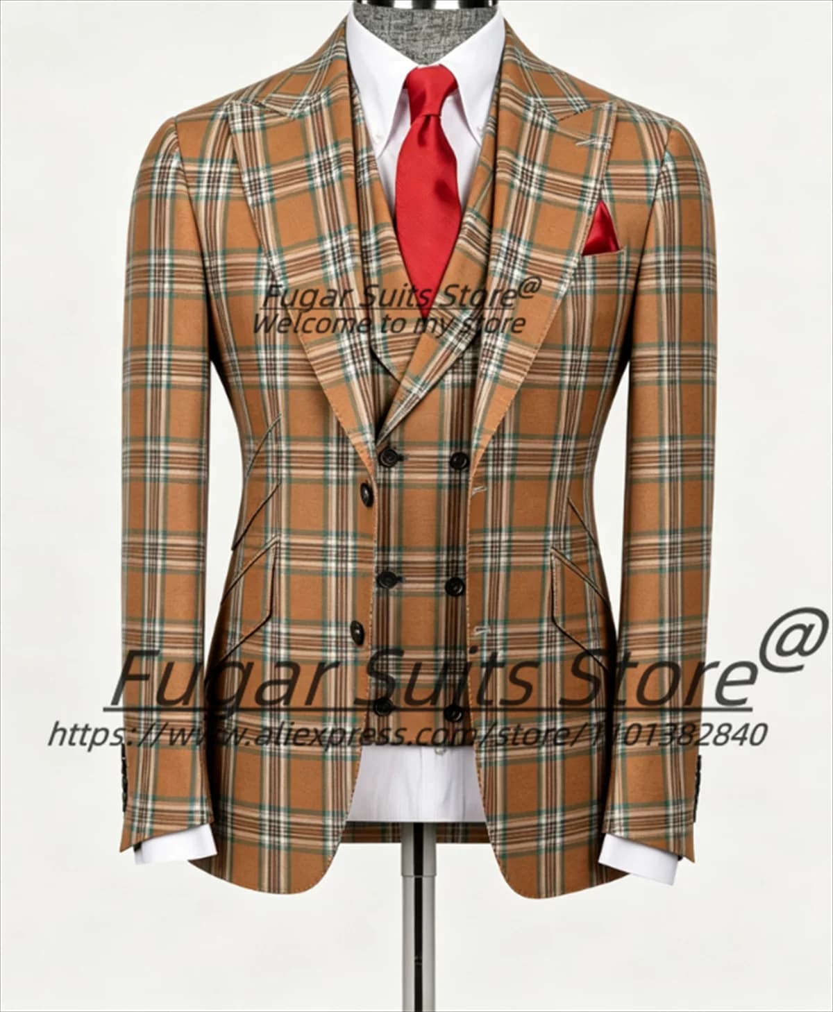 Business Vintage Brown Teal Plaid Men Suits Customized Slim Fit Peak Lapel Groom Wedding Tuxedos Male Prom Blazers 3 Pieces Sets