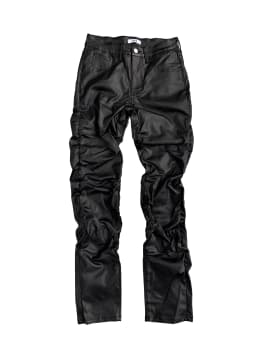 【HME】Men's Jeans | Black Wax Coated Denim Pants, Faux‑Leather Look Stacked Ruched Denim Jeans For Men, Full‑Length Wrinkle Pleat Design, Tough Coated Denim Fabric, Street‑Fashion Stacked Fit Male Trousers