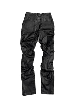 【HME】Men's Jeans | Black Wax Coated Denim Pants, Faux‑Leather Look Stacked Ruched Denim Jeans For Men, Full‑Length Wrinkle Pleat Design, Tough Coated Denim Fabric, Street‑Fashion Stacked Fit Male Trousers