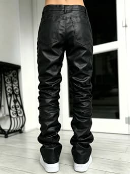 【HME】Men's Jeans | Black Wax Coated Denim Pants, Faux‑Leather Look Stacked Ruched Denim Jeans For Men, Full‑Length Wrinkle Pleat Design, Tough Coated Denim Fabric, Street‑Fashion Stacked Fit Male Trousers