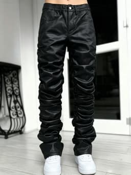 【HME】Men's Jeans | Black Wax Coated Denim Pants, Faux‑Leather Look Stacked Ruched Denim Jeans For Men, Full‑Length Wrinkle Pleat Design, Tough Coated Denim Fabric, Street‑Fashion Stacked Fit Male Trousers