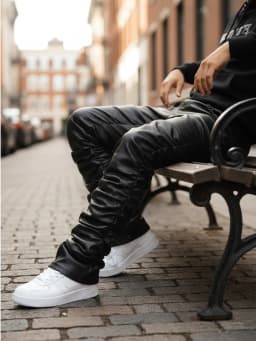 【HME】Men's Jeans | Black Wax Coated Denim Pants, Faux‑Leather Look Stacked Ruched Denim Jeans For Men, Full‑Length Wrinkle Pleat Design, Tough Coated Denim Fabric, Street‑Fashion Stacked Fit Male Trousers