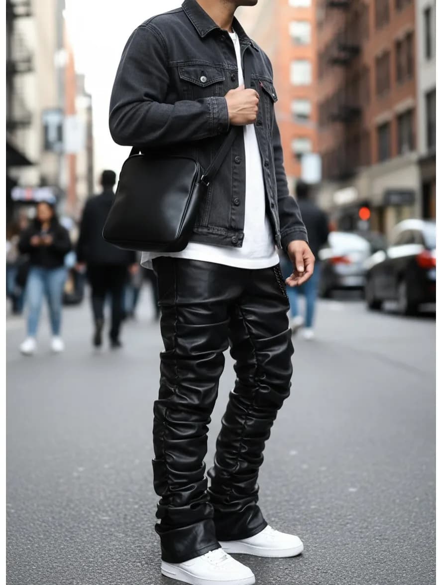 【HME】Men's Jeans | Black Wax Coated Denim Pants, Faux‑Leather Look Stacked Ruched Denim Jeans For Men, Full‑Length Wrinkle Pleat Design, Tough Coated Denim Fabric, Street‑Fashion Stacked Fit Male Trousers