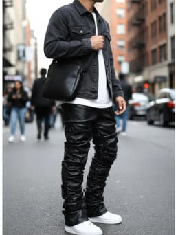 【HME】Men's Jeans | Black Wax Coated Denim Pants, Faux‑Leather Look Stacked Ruched Denim Jeans For Men, Full‑Length Wrinkle Pleat Design, Tough Coated Denim Fabric, Street‑Fashion Stacked Fit Male Trousers