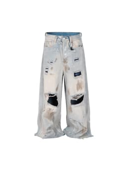 MIJKO Silhouette Floor Length Hole Patched Mud-Dyed Jeans ZJ063
