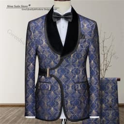 Gwenhwyfar High-end Woven Gold Jacquard Men Suit Navy Luxury Fashion Men's Suit 2-piece Formal Party Tuxedo for Man Shawl Lapel