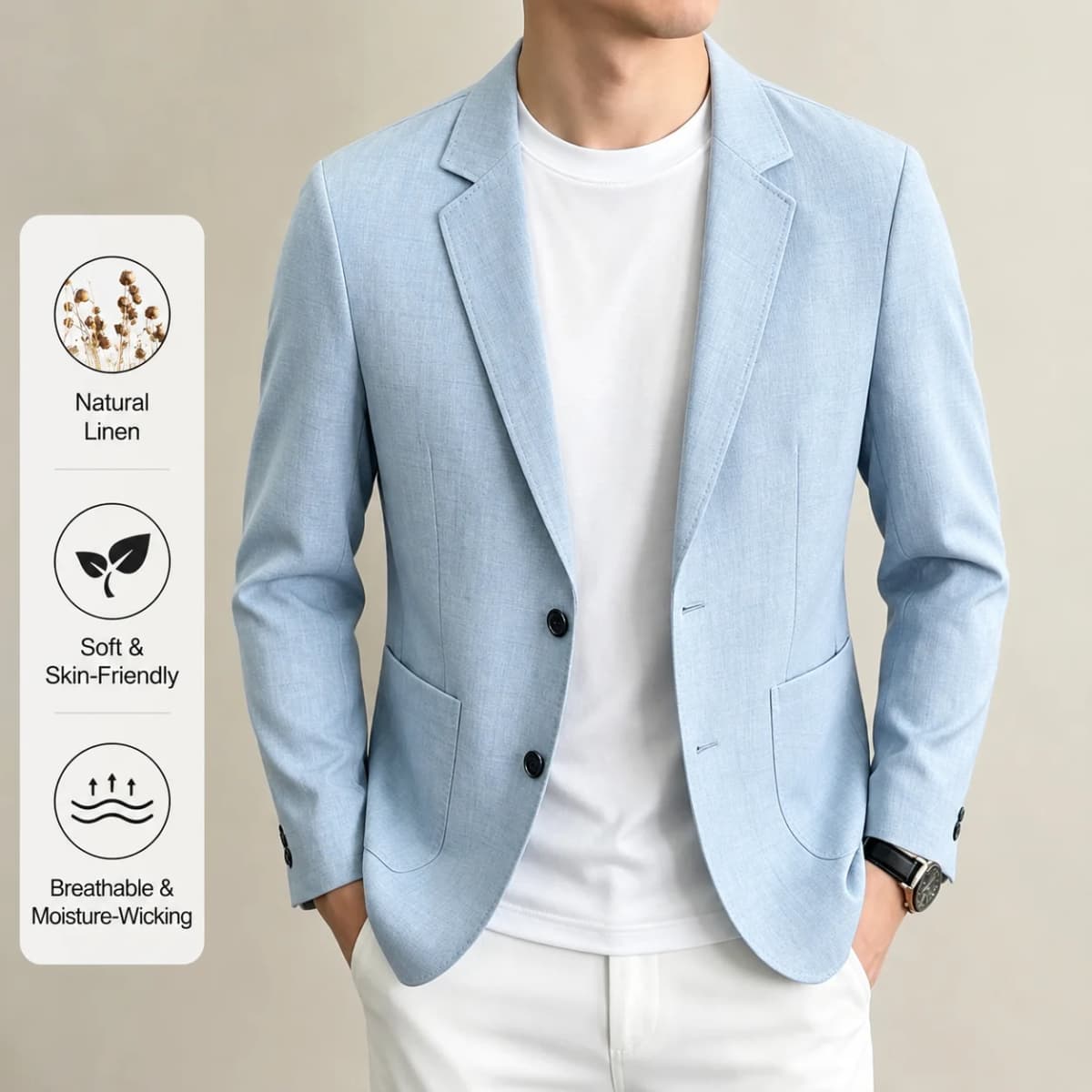 Mens Linen Blend Suit Jacket Lightweight Smart Casual Blazer Summer Sun Protection Outerwear Coat Wedding Prom Vacation Beach