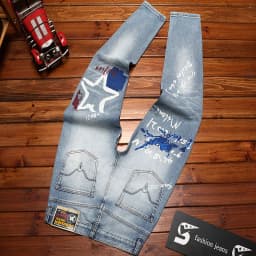 Fashionable printed jeans for men, retro blue, elastic, slim fit, small feet, street fashion, high-end denim, casual pants