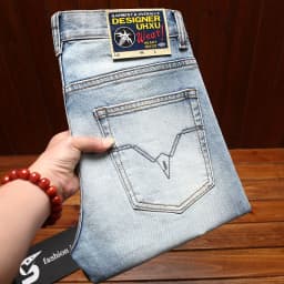 Fashionable printed jeans for men, retro blue, elastic, slim fit, small feet, street fashion, high-end denim, casual pants