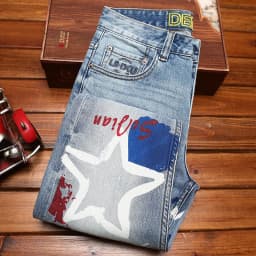 Fashionable printed jeans for men, retro blue, elastic, slim fit, small feet, street fashion, high-end denim, casual pants