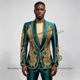Man Brilliant Satin Tuxedo Suit Gold Crystals Beading Embroidered Prom Blazer Pants 2 Pieces Groom Formal Wear Wedding Outfits