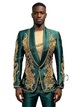 Man Brilliant Satin Tuxedo Suit Gold Crystals Beading Embroidered Prom Blazer Pants 2 Pieces Groom Formal Wear Wedding Outfits