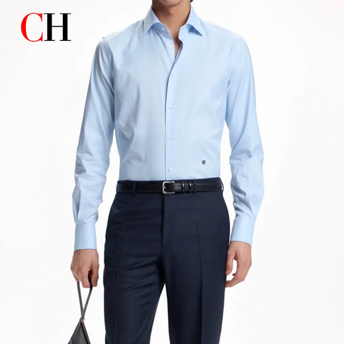 CH Men Solid Color Long Sleeve Dress Shirt Turn Down Collar Button Up Business Formal Shirts Mini Logo Office Daily Tops